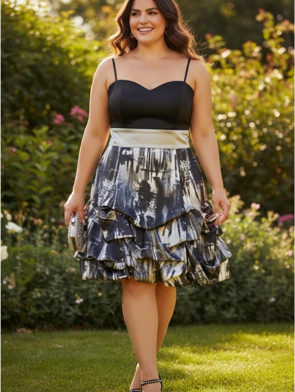 Ruby Rox Black Metallic Print Ruffle Dress Size 16